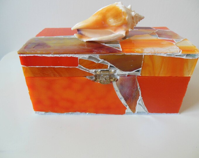 Mosaic Orange Stained Glass and Mirror Rectangle, Hinged, Trinket, Jewelry Box With a Natural Conch Shell