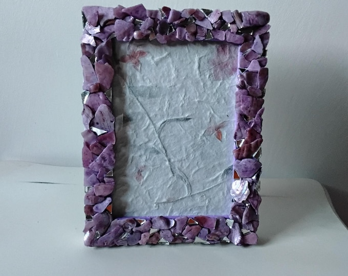 Mosaic Purple/Lavender-Stained Abalone Shell and Mirror Vertical or Horizontal, Tabletop or Hanging 5 x 7-inch Wood Frame with Glass