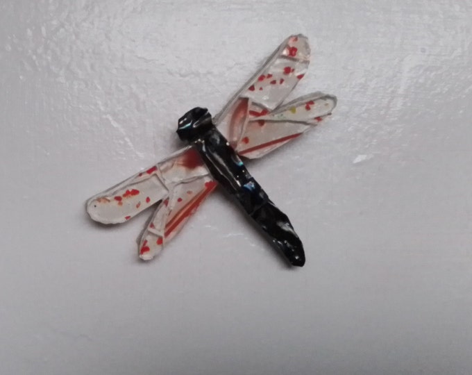 One Small Orange, White and Iridescent Black Mosaic Fused Stained and Art Glass Multi Position Hanging or Standing Dragonfly
