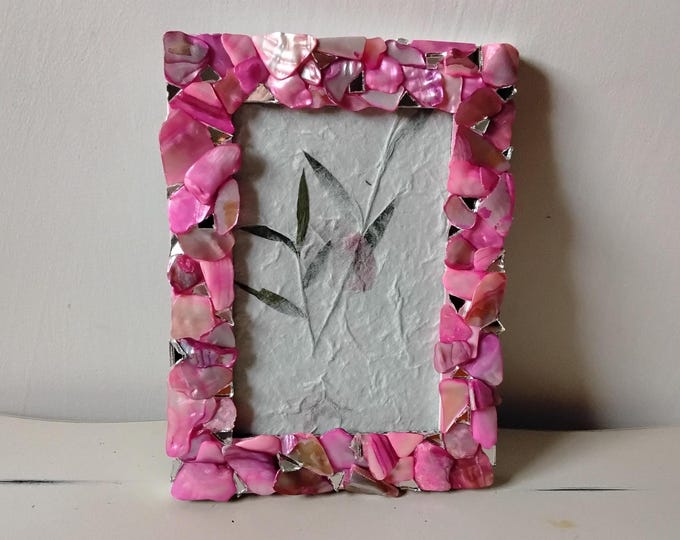 Mosaic Pink Dyed Abalone Shell and Mirror, Vertical or Horizontal, Hanging or Tabletop 4 x 6-inch Frame with Glass