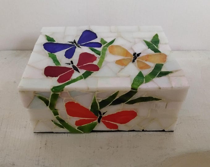 Mosaic Stained and Art Glass Multi-Colored Butterflies and Vine Jewelry, Trinket, Keepsake, Ring Box