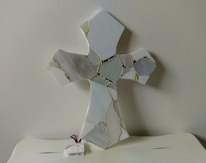 Mosaic White Iridescent And Marbled Stained Glass and Mirrored Large Hanging Christian Cross