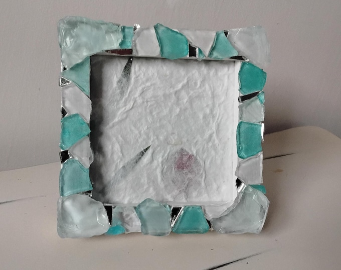 Mosaic Quartz and Teal Sea Glass and Mirror, Tabletop or Hanging 4 x 4-inch Square  Frame with Glass