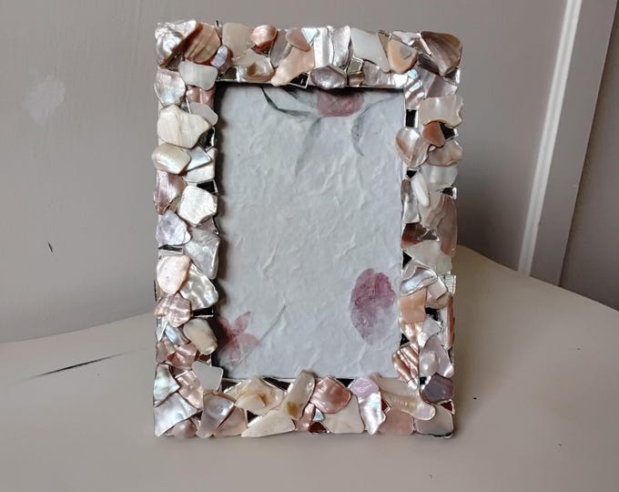 All Natural, Not Dyed, Mosaic Abalone Shell and Mirror Vertical or Horizontal, Hanging or Tabletop 4-inch x 6-inch Frame with Glass