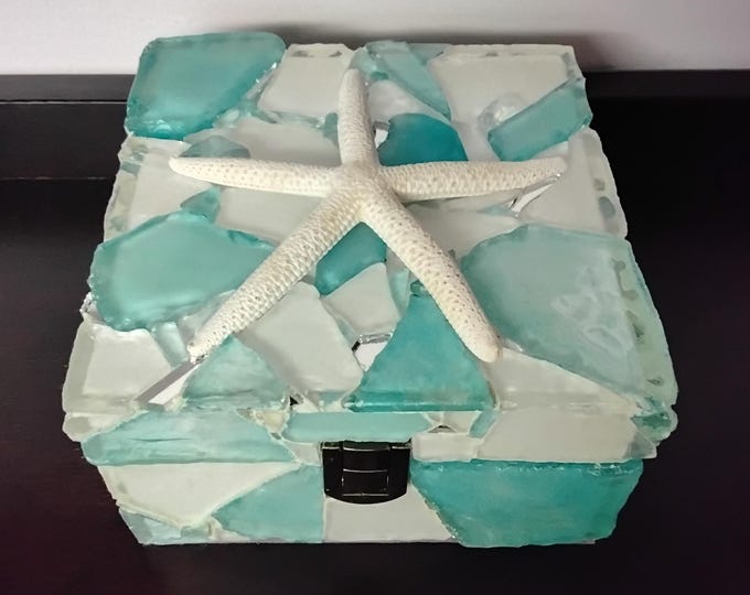 Large Mosaic Ocean Blue and White Sea Glass and Mirror Square Hinged Jewelry, Trinket, Keepsake Box with a Natural White Star Fish on Top