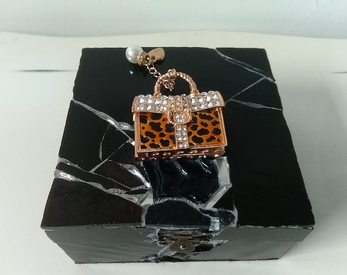 Mosaic Black Stained Glass and Mirror Jewelry, Trinket, Keepsake, Gift, Box With a Gold Plated Enamel and Rhinestone Purse on Top &Charms