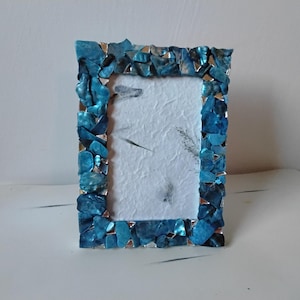 Stained Blue Abalone Shell and Mirror Vertical or Horizontal, Hanging or Tabletop, 4 x 6-inch Frame with Glass