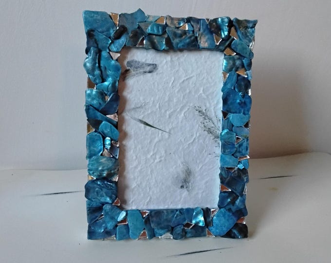 Stained Blue Abalone Shell and Mirror Vertical or Horizontal, Hanging or Tabletop, 4 x 6-inch Frame with Glass