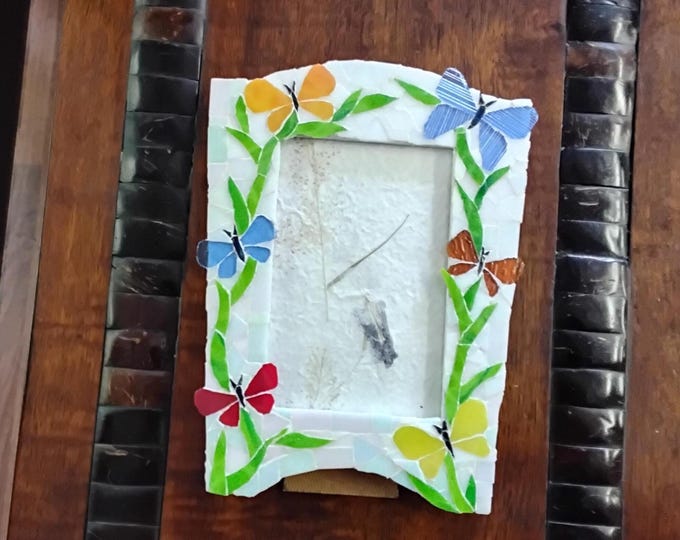 Mosaic Stained Glass Multi-Colored Butterfly 4 x 6 Inch Tabletop or Hanging Vertical Frame with Glass