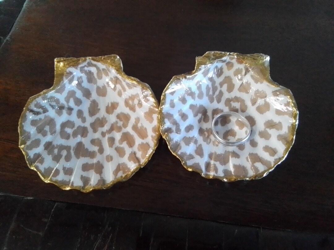 Two Matching Light Leopard Print Lacquered and Gold Leaf Jewelry, Ring ...
