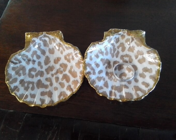 Two Matching Light Leopard Print Lacquered and Gold Leaf Jewelry, Ring, and Earrings Shells