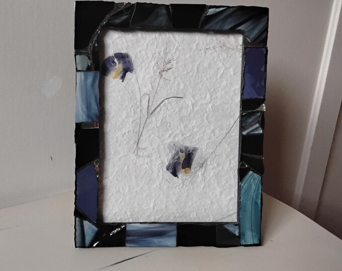 Mosaic Black Stained Glass and Mirror Vertical or Horizontal, Hanging or Tabletop, 6 x 8-inch Frame with Glass