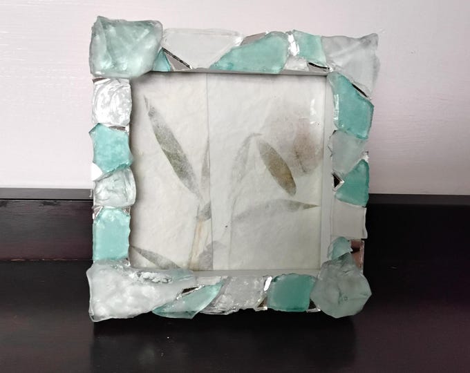 Mosaic Quartz and Teal Sea Glass and Mirror, Tabletop or Hanging 4 x 4-inch Square  Frame with Glass