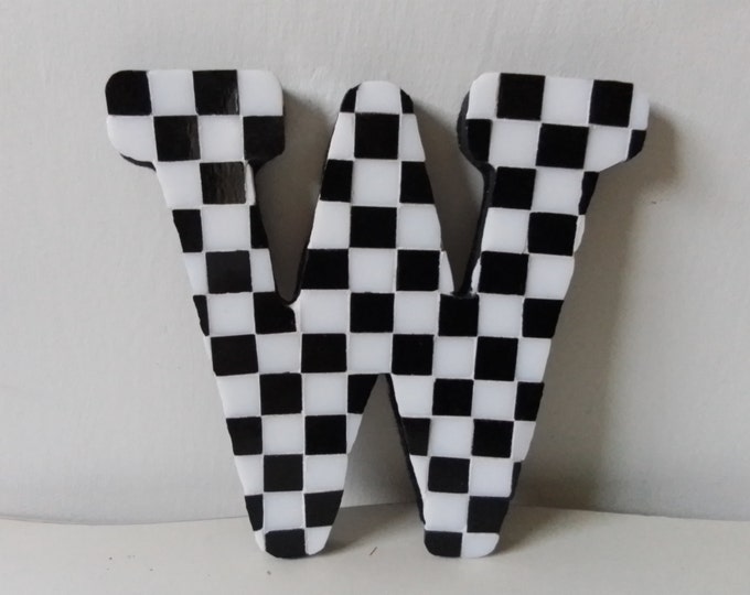 Mosaic Black and White Checkerboard Stained Glass Hanging or Standing Monogram Letter"W"