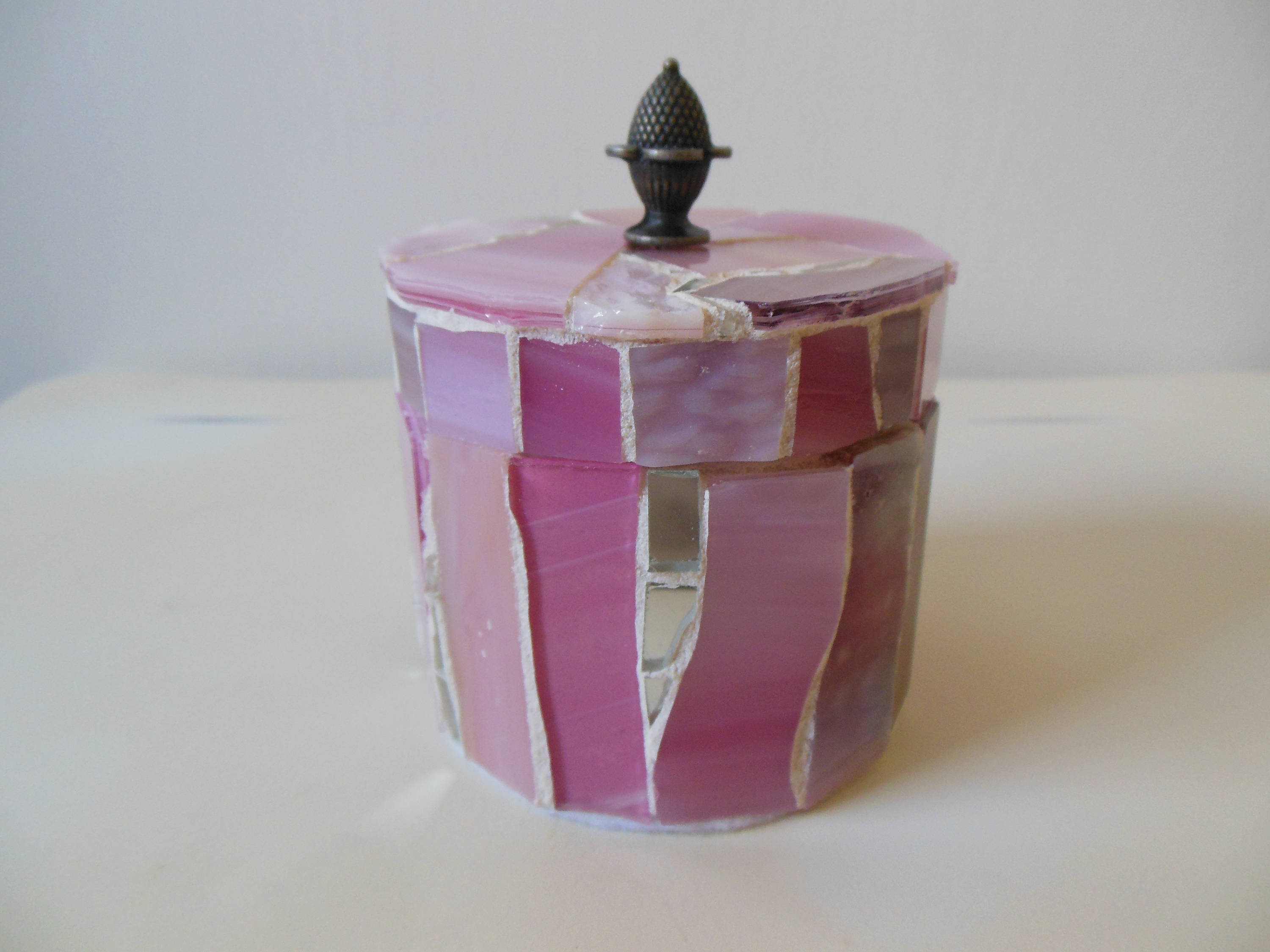 Pink Mosaic Stained Glass and Mirror Large Round Trinket, Jewelry, Gift