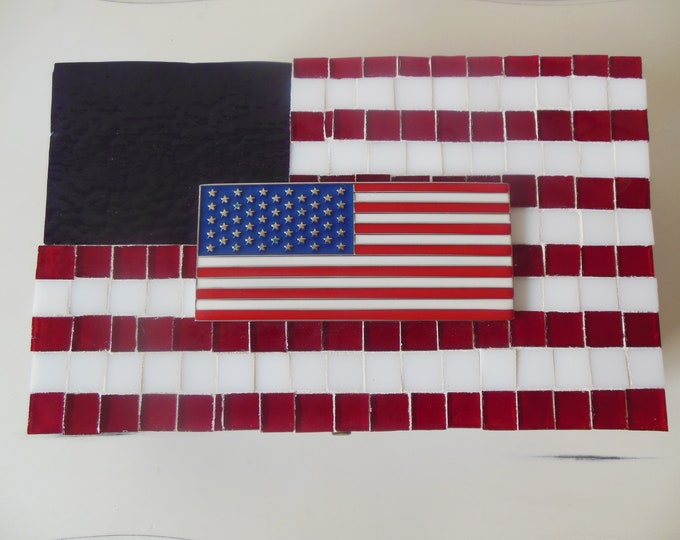Mosaic Extra Large American Flag  Stained Glass Box With A Metal and Enamel American Flag on Top