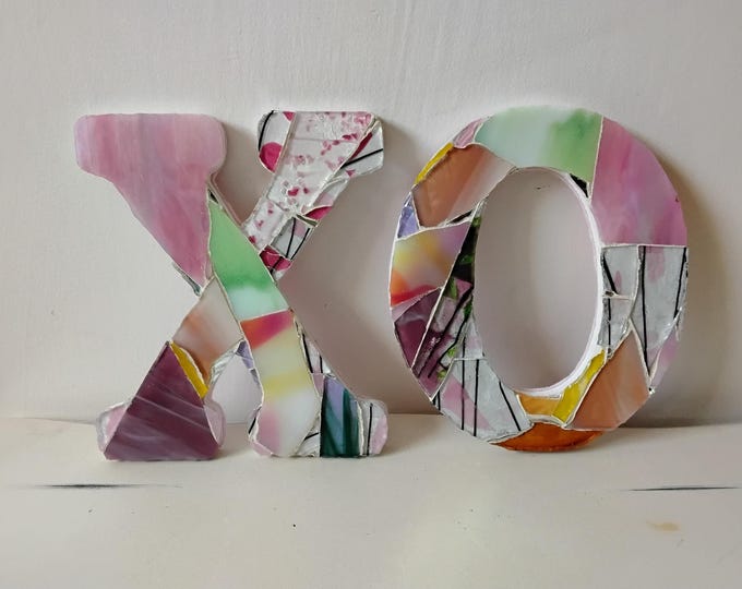 Mosaic Stained and Art Glass and Mirror Hugs and Kisses X and O Standing or Hanging Handcrafted Letters