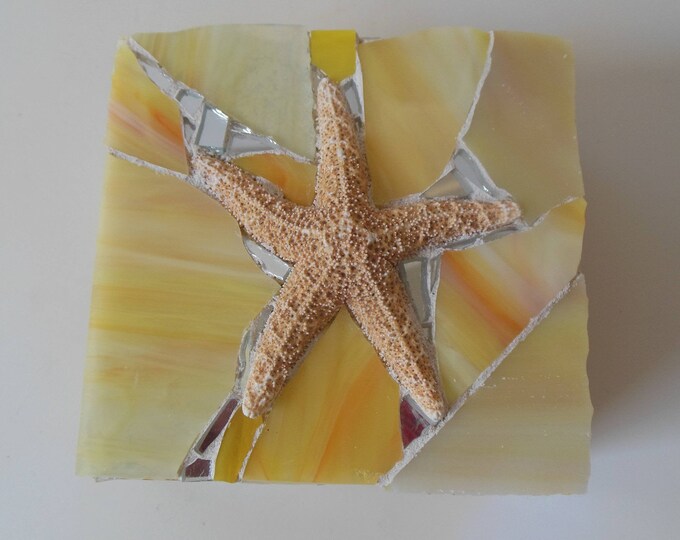 Yellow Mosaic Stained Glass and Mirror Square Hinged Keepsake, Trinket, Jewelry, Gift, Ring Box With a Natural Starfish on Top