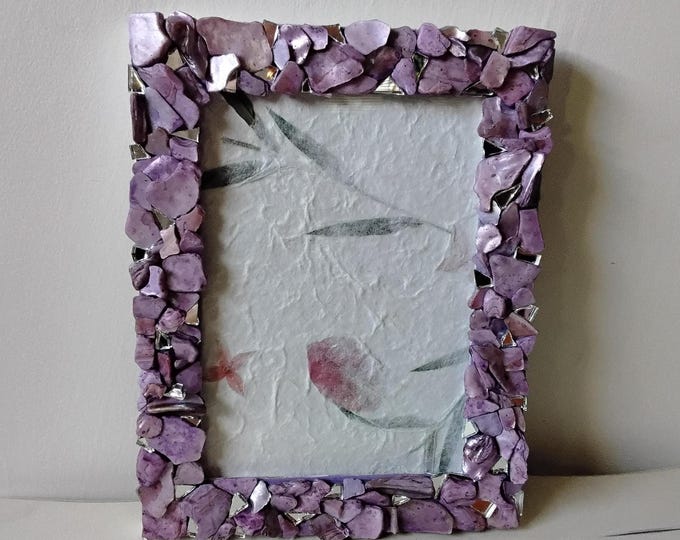 Mosaic Purple/Lavender-Stained Abalone Shell and Mirror Vertical or Horizontal, Tabletop or Hanging 5 x 7-inch Wood Frame with Glass