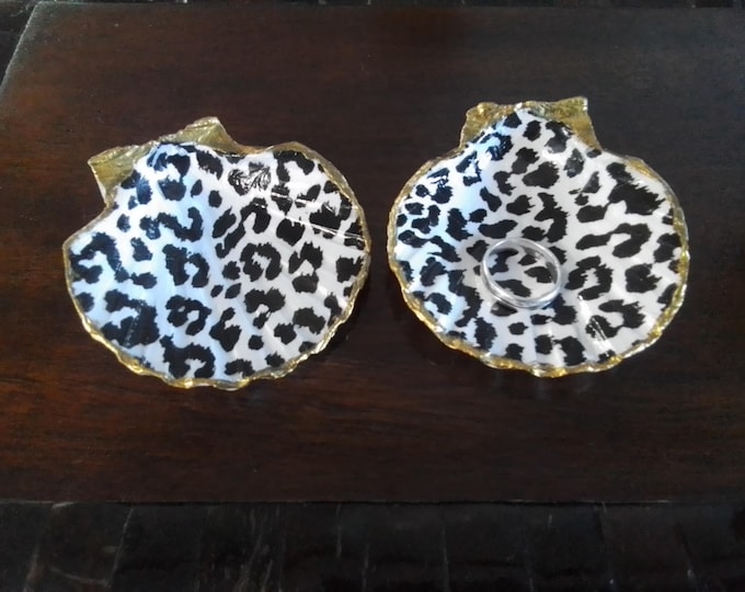 Two Lacquered  Leopard Print Bronze Gold Leaf Painted Edges Natural Shell, Ring,  Earring,  Jewelry Dishes