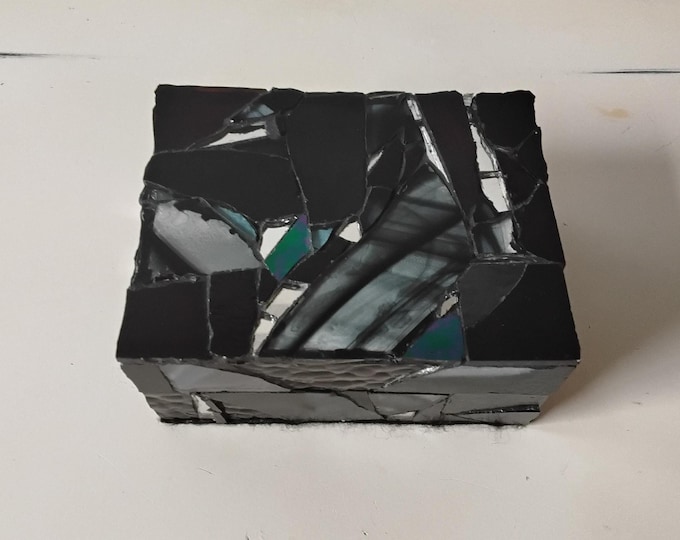 Mosaic Black Stained Glass and Mirror Jewelry, Trinket, Keepsake, Hinged, Ring Box