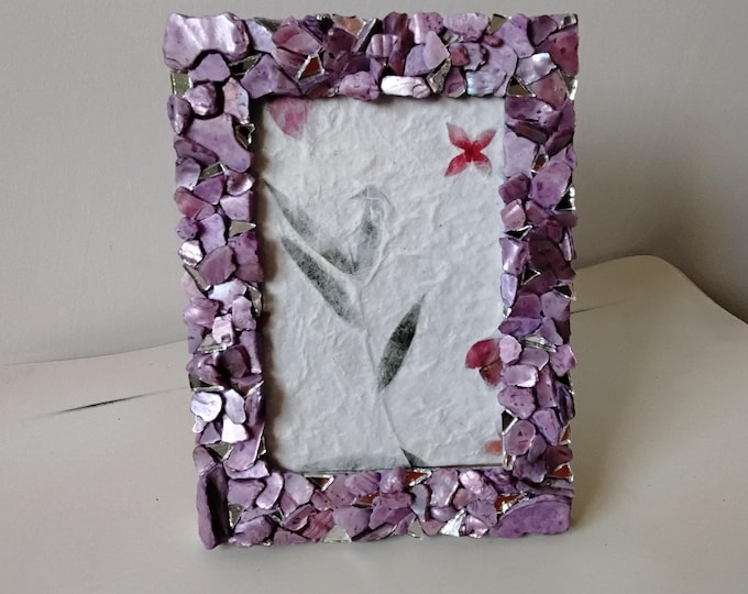 Purple Lavender-Stained Abalone Shell and Mirror Vertical or Horizontal, Hanging or Tabletop, 4 x 6-inch Wood Frame with Glass