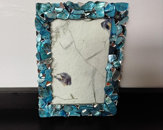 Stained Blue Abalone Shell and Mirror Vertical or Horizontal, Hanging or Tabletop, 4 x 6-inch Frame with Glass