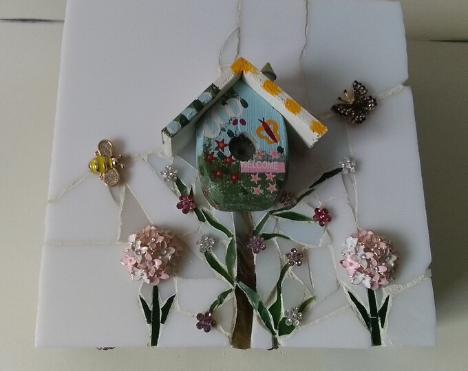 Garden Theme Mosaic Stained Glass Jewelry, Keepsake, Trinket, Box With Gold Plated, Enamel, Rhinestone, Flowers, Bee, Butterfly, & Birdhouse