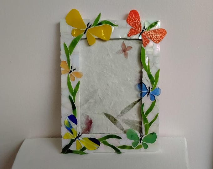 Mosaic Multi-Colored Stained and Art Glass Butterflies, Horizontal or Vertical, Hanging or Tabletop 4 x 6-inch Frame with Glass