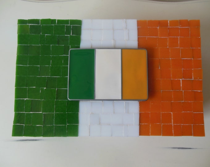Mosaic Extra Large Irish/Ireland Flag Stained Glass Rectangle Hinged Box With a Metal and Enamel Irish Flag on Top
