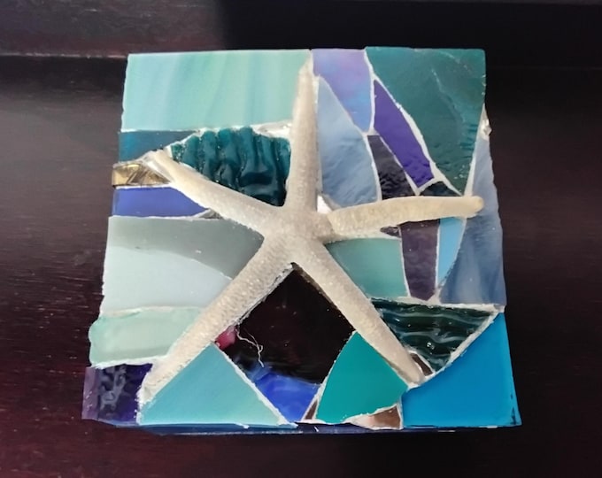 Mosaic Multi-Colored Blue Stained Glass Jewelry, Trinket, Keepsake, Square Hinged Box with a White Natural Star Fish on Top