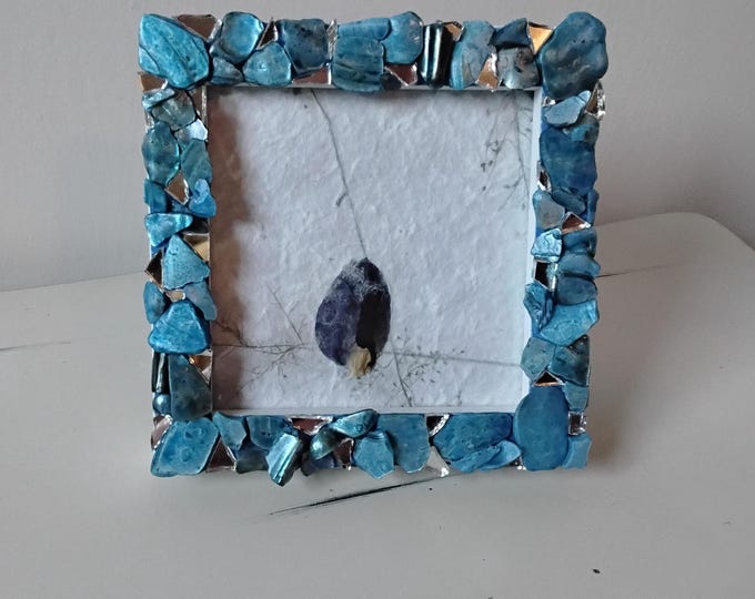Mosaic Stained Ocean Blue Abalone Shell and Mirror 4-inch x 4-inch Square, Hanging or Tabletop, Frame with Glass