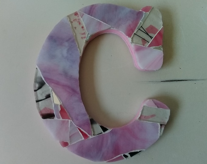 Mosaic Pink Stained Glass and Mirror Hanging or Standing Monogram Letter "C"