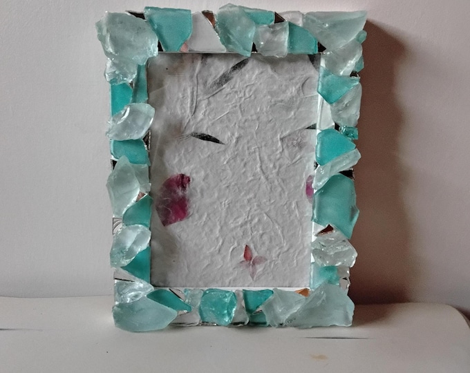 Mosaic Teal and White Sea Glass and Mirror, Vertical or Horizontal, Hanging or Tabletop Wood 5 x 7-inch Wood Frame with Glass
