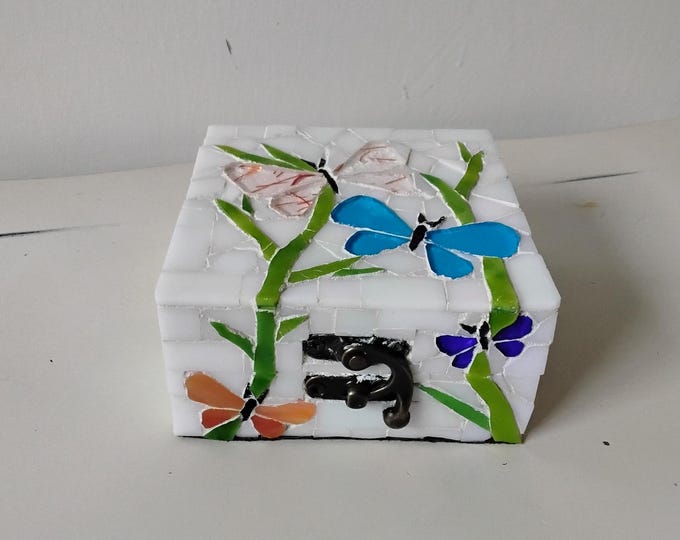 Mosaic Stained and Art Glass, Square, Hinged, Jewelry, Trinket, Keepsake Butterfly Box