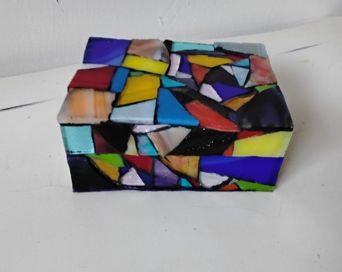 Handcrafted Mosaic Stained and Art Glass Rectangle, Jewelry, Trinket, Keepsake, Ring,  Hinged Box