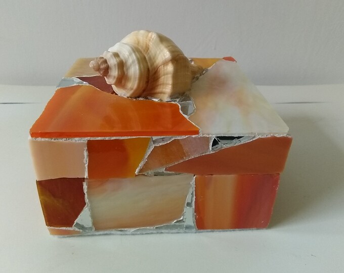 Mosaic Orange Stained Glass and Mirrored Square Hinged Jewelry, Trinket, Keepsake, Gift, Ring Box With a Natural Conch Shell on Top