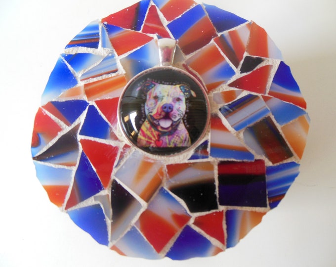 Mosaic Multi Colored Stained Glass Tiled Round Trinket, Jewelry, Keepsake, Gift, Ring Box With Silver and Glass Graffiti Dog Cabochon on Top