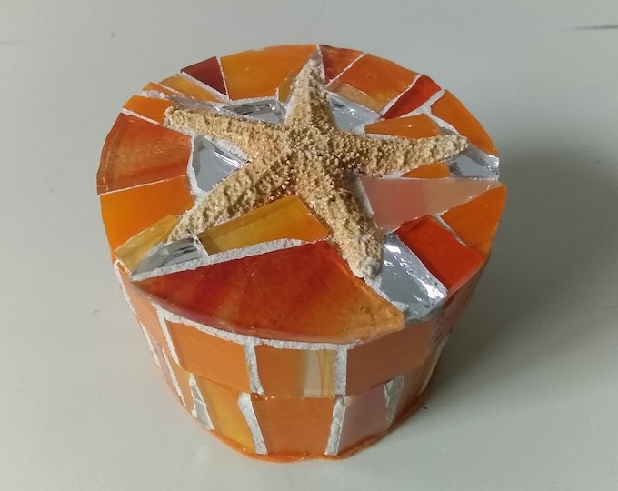 Orange Mosaic Stained Glass and Mirror Small Round Jewelry, Trinket, Keepsake, Gift, Ring Box With a Natural Starfish on Top