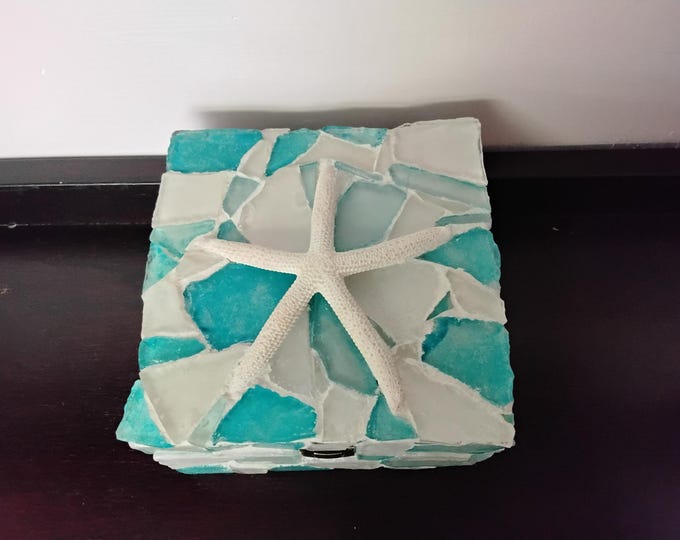 Large Mosaic Ocean Blue and White Sea Glass Square Hinged Jewelry, Trinket, Keepsake Box with a Natural White Star Fish on Top