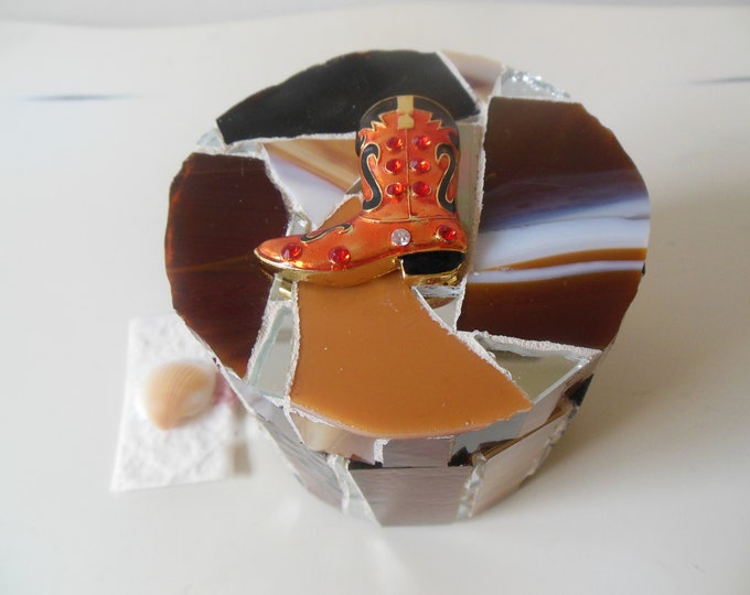 Multi Brown Western Stained Glass and Mirrored Round Trinket, Jewelry, Gift, Ring Box With a Gold Plated, Enamel and Rhineston Boot on Top