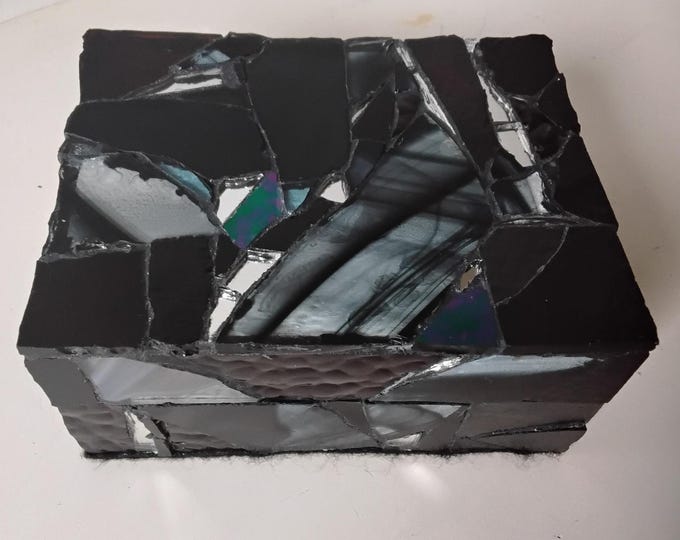 Mosaic Black Stained Glass and Mirror Jewelry, Trinket, Keepsake, Hinged, Ring Box