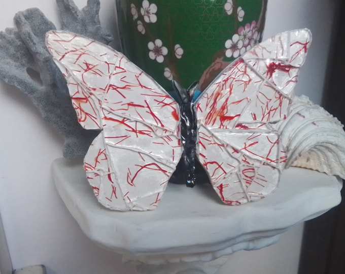 Red and White Stained Glass and Art Glass Mosaic Hanging Butterfly