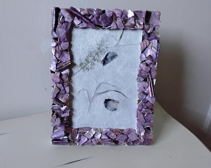 Mosaic Purple/Lavender-Stained Abalone Shell and Mirror Vertical or Horizontal, Tabletop or Hanging 5 x 7-inch Wood Frame with Glass