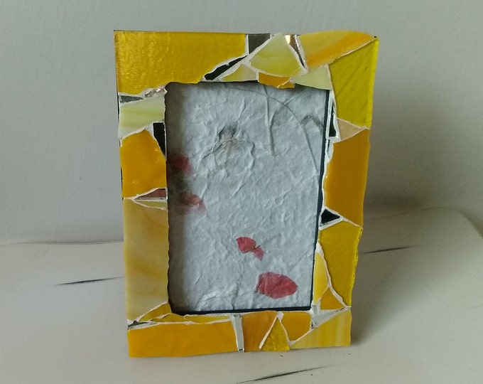 Mosaic Yellow Stained Glass and Mirror Horizontal or Vertical, Standing or Hanging 4" x 6" Frame with Glass