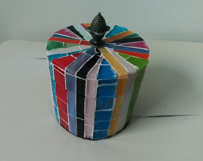 Mosaic Multi Colored Stained Glass Striped Round Jewelry, Trinket, Keepsake, Gift, Ring Box With a Finial Metal Handle on Top