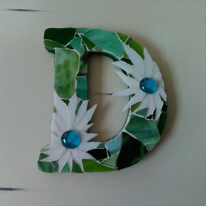Multi Green and White Stained Glass Hanging or Standing Monogram Letter "D"