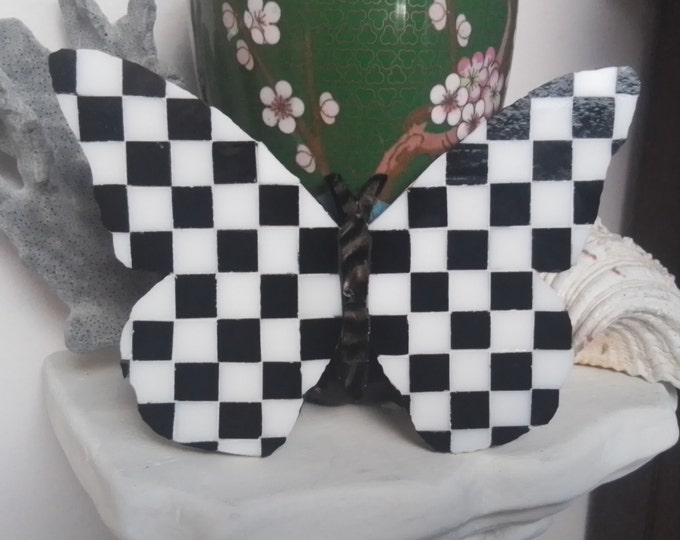 Mosaic Stained Glass and Art Glass Black and White Checkerboard Hanging Butterfly