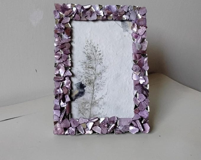 Purple Lavender-Stained Abalone Shell and Mirror Vertical or Horizontal, Hanging or Tabletop, 4 x 6-inch Wood Frame with Glass
