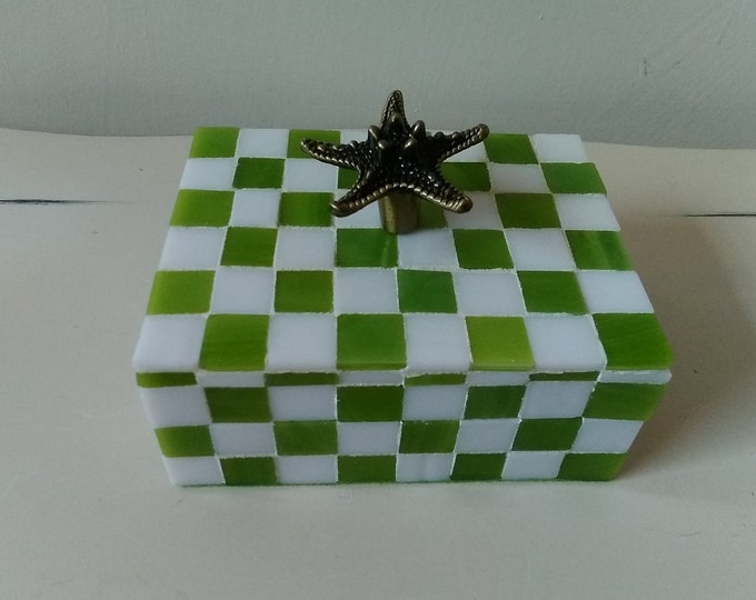 Mosaic Green and White Checkerboard Stained Glass Jewelry, Keepsake, Trinket, Hinged Box With a Starfish Metal Handle/Finial on Top
